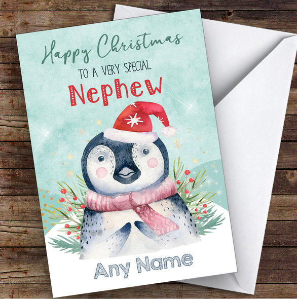 Watercolour Penguin Special Nephew Personalised Christmas Card