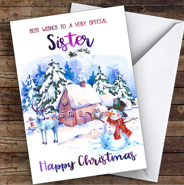 Watercolour Snowman Special Sister Personalised Christmas Card