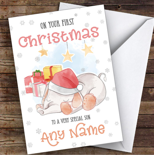 Baby Elephant First Christmas Son Personalised Christmas Card