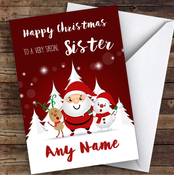 Red Santa Snowman Special Sister Personalised Christmas Card