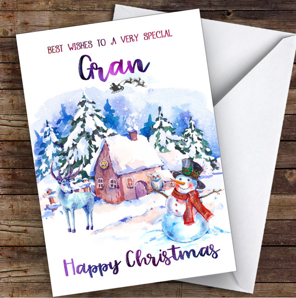 Watercolour Snowman Special Gran Personalised Christmas Card