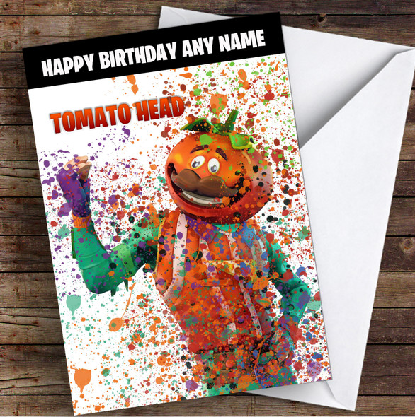 Splatter Art Gaming Fortnite Tomato Head Kid's Children's Personalised Birthday Card