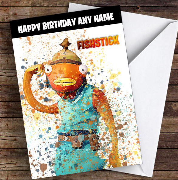 Splatter Art Gaming Fortnite Fishstick Kid's Children's Personalised Birthday Card