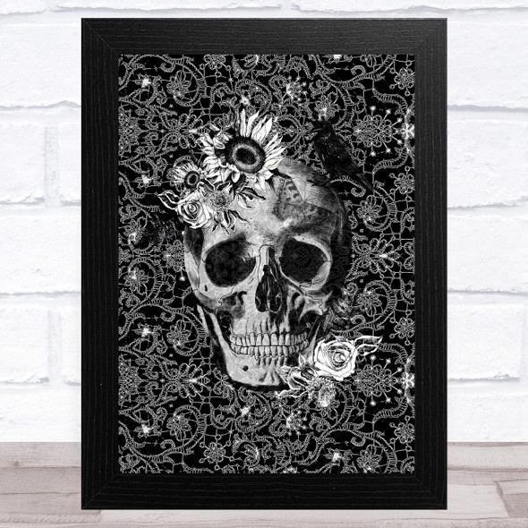 Black White Gothic Skull Raven Flowers Butterflies Home Wall Art Print