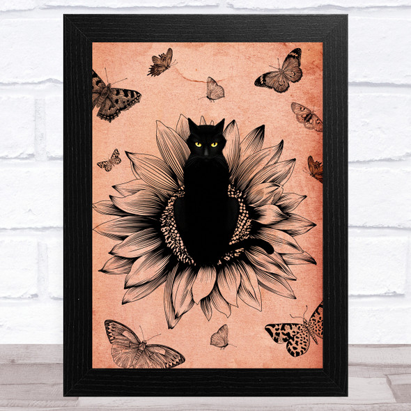 Gothic Black Cat In Sunflower With Butterflies Home Wall Art Print
