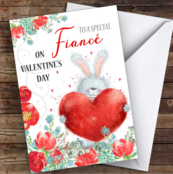 Romantic Cute Rabbit & Heart Fiancé Personalised Valentine's Day Card
