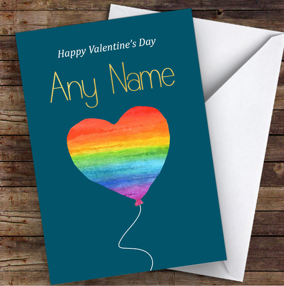 Rainbow Pride Balloon On Teal Personalised Valentine's Day Card