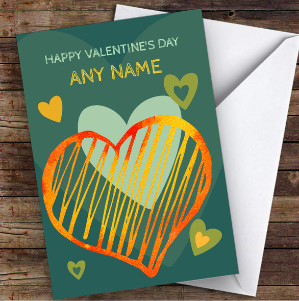 Green & Orange Funky Hearts Personalised Valentine's Day Card