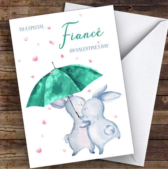 Rabbits & Umbrella Fiancé Personalised Valentine's Day Card