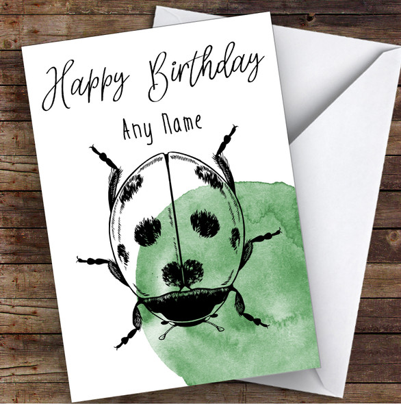 Watercolour Green Ladybird Ladybug Personalised Birthday Greetings Card