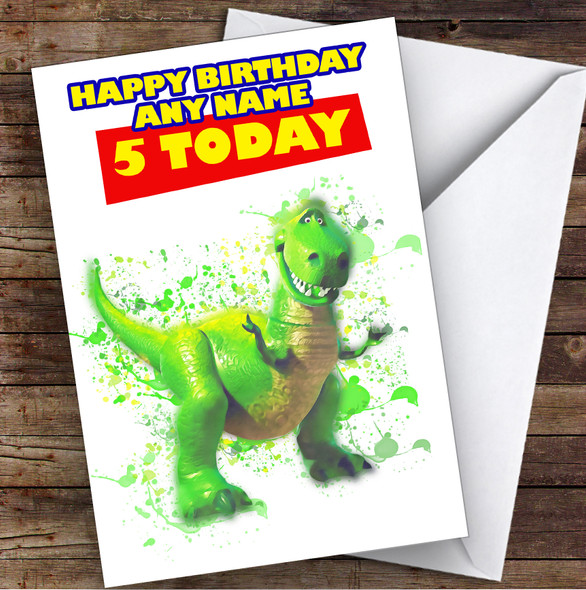 Dinosaur Rex Toy Story Splatter Art Children's Kids Personalised Birthday Card