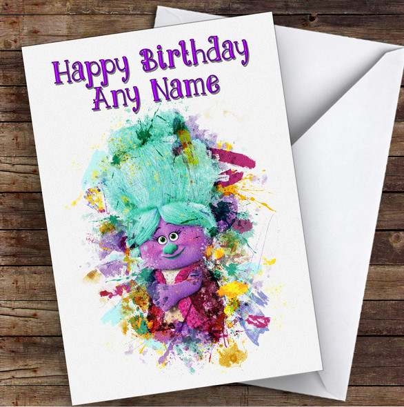 Trolls Purple Watercolour Splatter Children's Kids Personalised Birthday Card