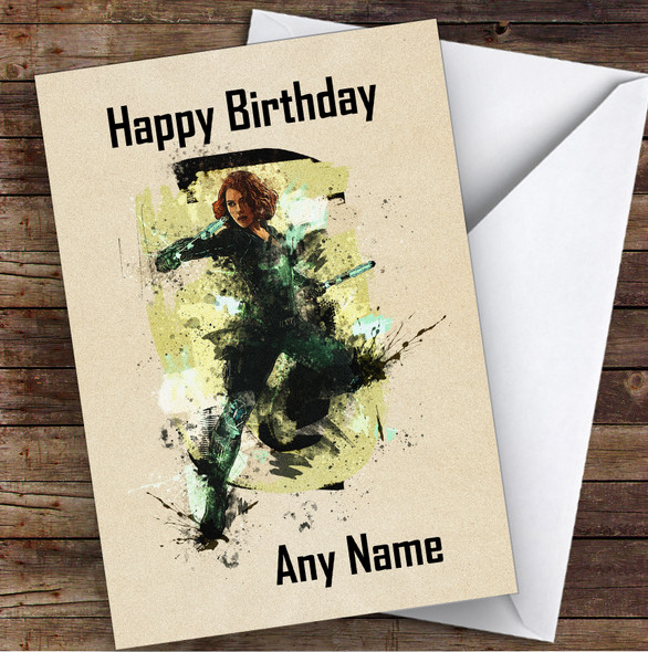 Black Widow Watercolour Splatter Children's Kids Personalised Birthday Card