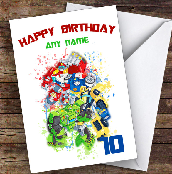 Rescue Bots Academy Splatter Art Children's Kids Personalised Birthday Card