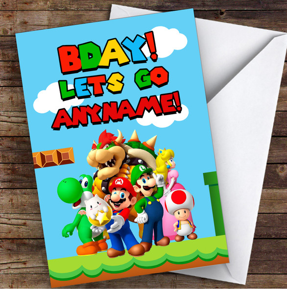 Super Mario Lets Go Retro Gaming Children's Kids Personalised Birthday Card