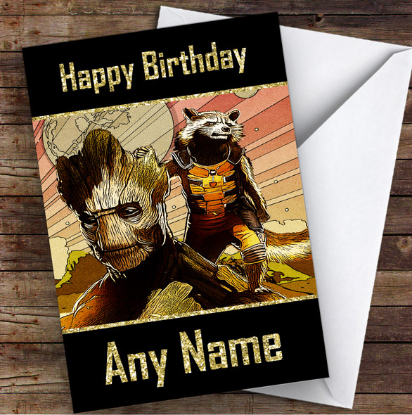 Rocket Raccoon And Groot Retro Children's Kids Personalised Birthday Card