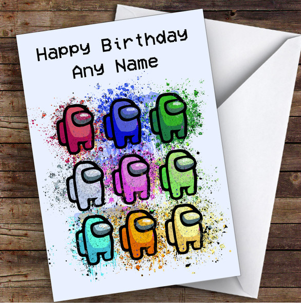 Among Us Group Splatter Grey Children's Kids Personalised Birthday Card