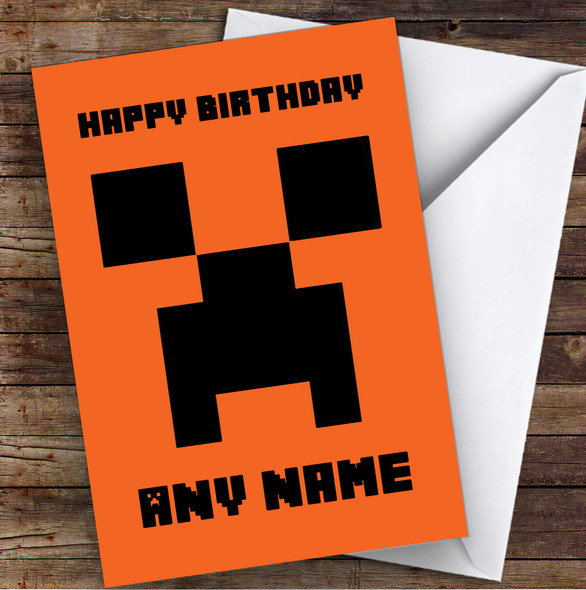 Minecraft Creeper Hot Orange Children's Kids Personalised Birthday Card