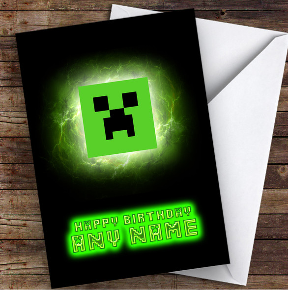Minecraft Neon Glow Creeper Children's Kids Personalised Birthday Card
