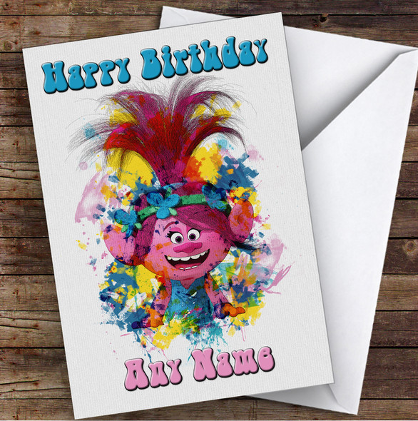 Watercolour Splatter Trolls Children's Kids Personalised Birthday Card