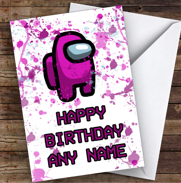 Among Us Pink Splatter Art Children's Kids Personalised Birthday Card