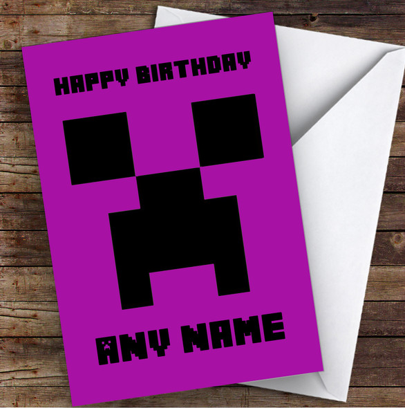 Minecraft Creeper Purple Children's Kids Personalised Birthday Card