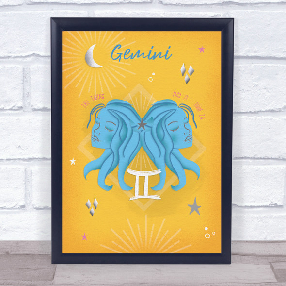 Gemini Zodiac Star Sign Symbol Bright Yellow Wall Art Print