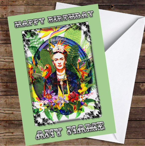 Frida Kahlo Iconic Colourful Tropical Parrots Personalised Birthday Card