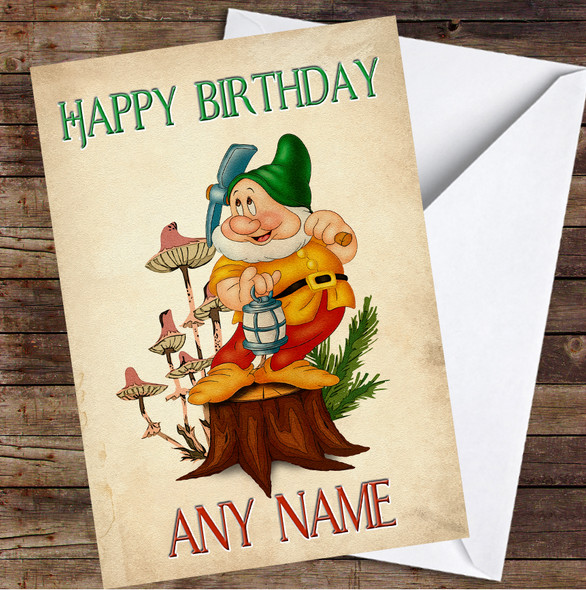 Doc Dwarf Snow White Tree Stump Mushrooms Vintage Personalised Birthday Card