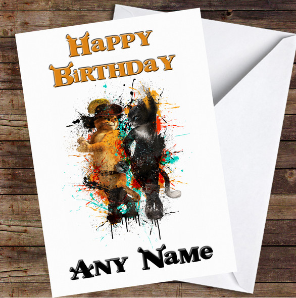 Puss In Boots And Kitty Softpaws Splatter Personalised Birthday Card