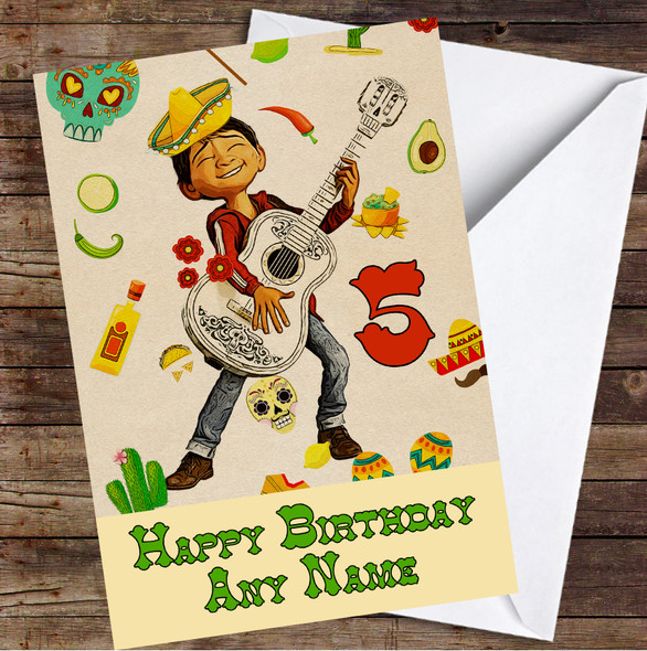 Coco Miguel Sombrero Mexican Rustic Personalised Birthday Card