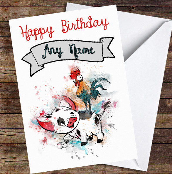 Heihei And Pua Moana Splatter Personalised Birthday Card