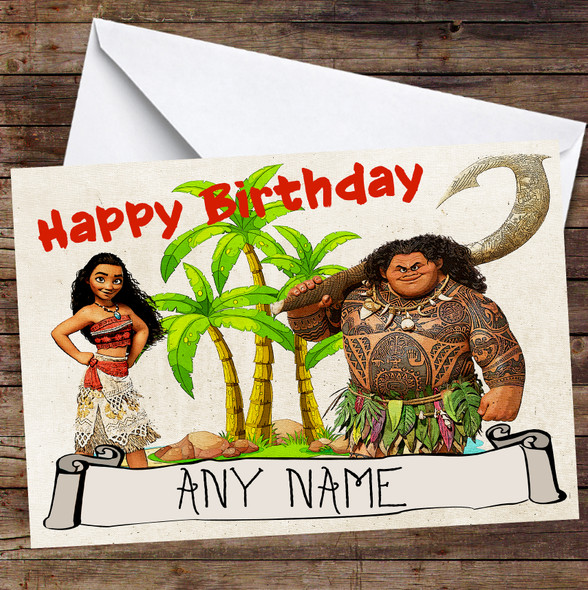 Moana And Maui Palm Trees Personalised Birthday Card