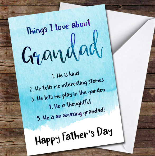 Blue Things I Love About Grandad Personalised Father's Day Greetings Card