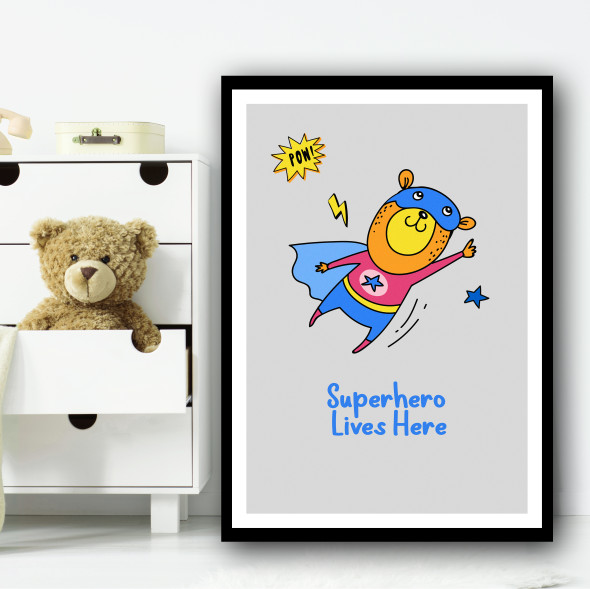 Yellow Bear Superhero Lives Here Pow Wall Art Print