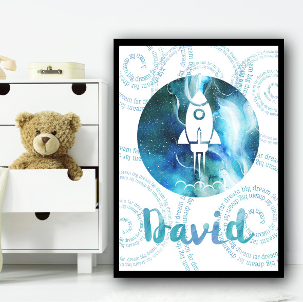 Watercolour Space Rocket Galaxy Moon Spiral Any Name Personalised Wall Art Print