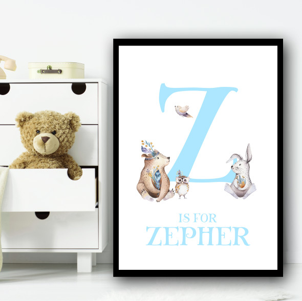 Cute Animals Bear And Rabbit Blue Any Initial Personalised Wall Art Print