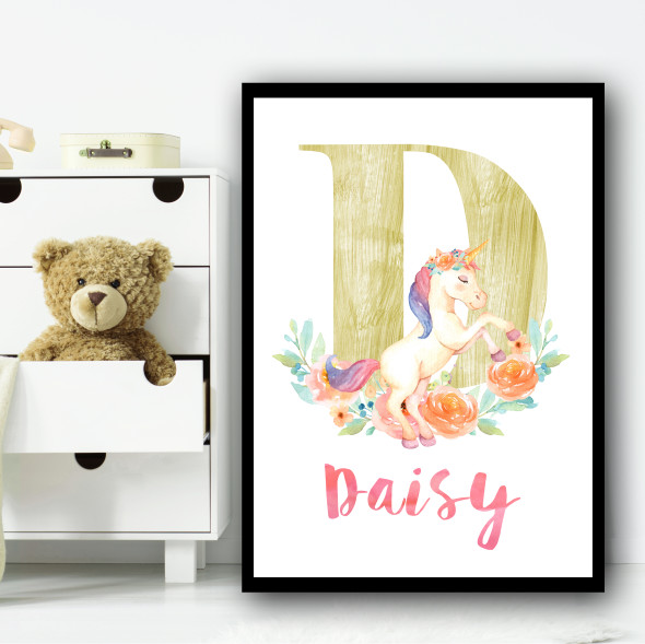 Gold Unicorn Floral Any Initial Any Name Personalised Wall Art Print