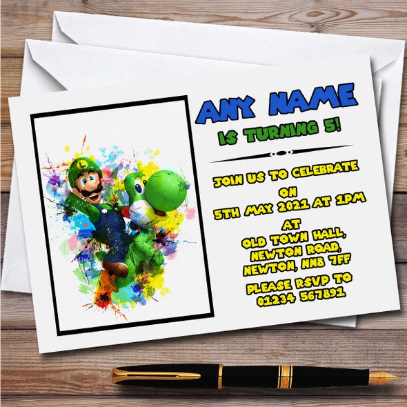 Luigi Watercolour Splatter Mario Children's Birthday Party Invitations