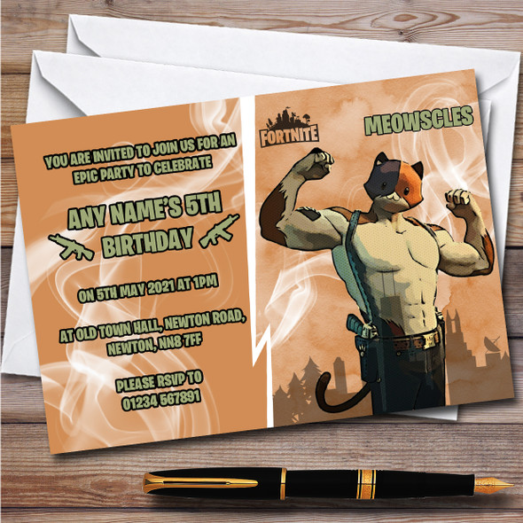 Meowscles Gaming Comic Style Fortnite Skin Children's Birthday Party Invitations