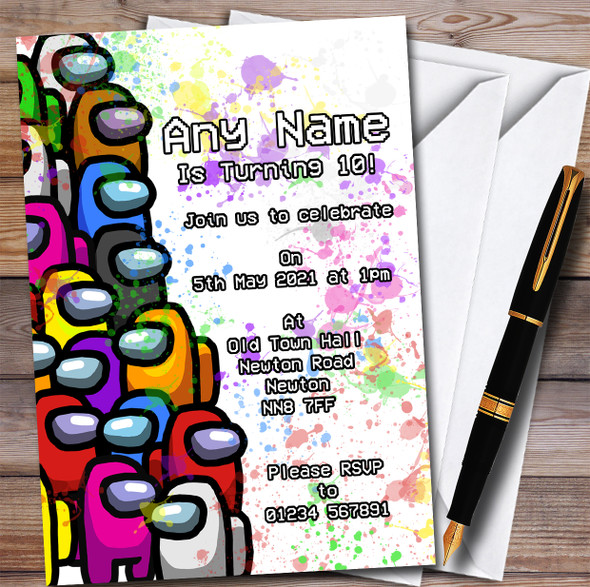 Among Us Piles Of Us In Space Splatter Art Children's Birthday Party Invitations