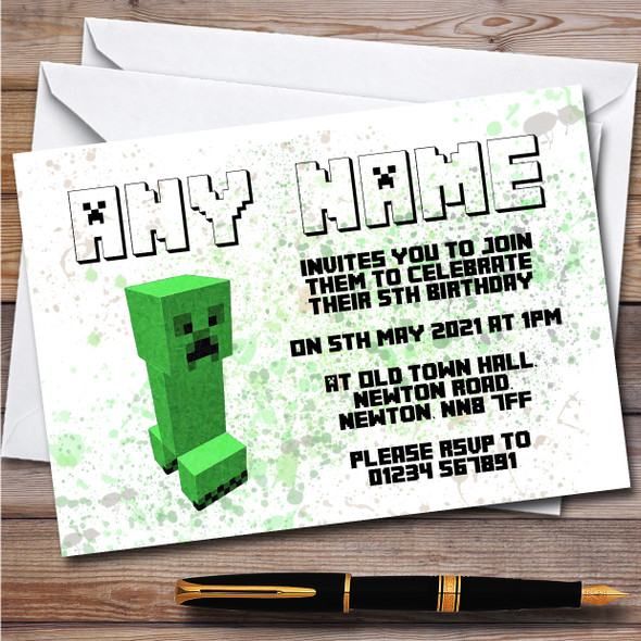 Minecraft Creeper Splatter Art Children's Birthday Party Invitations