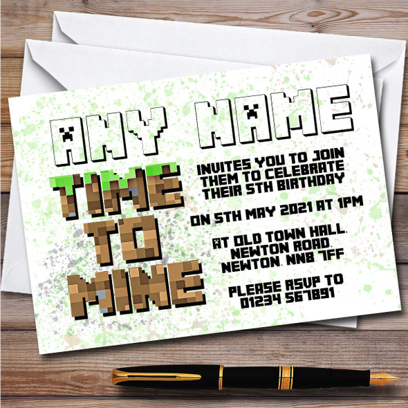 Minecraft Time To Mine Children's Kids Personalised Birthday Party Invitations