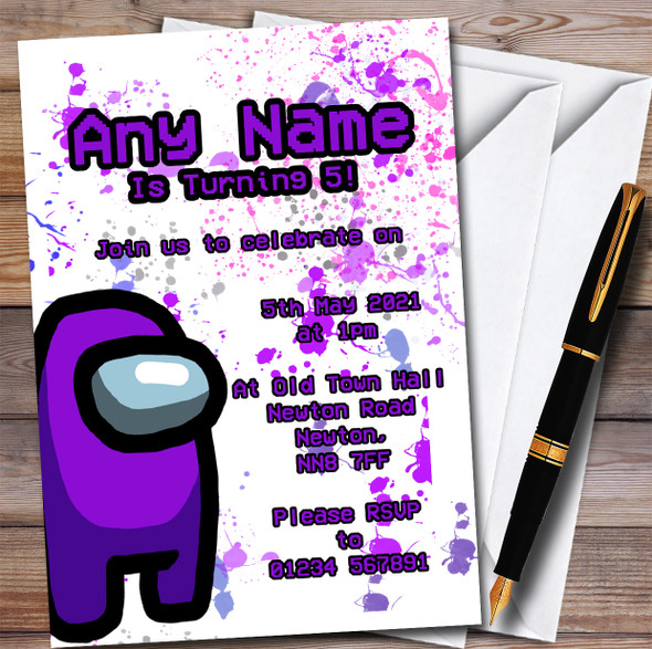 Among Us Purple Splatter Art Children's Personalised Birthday Party Invitations