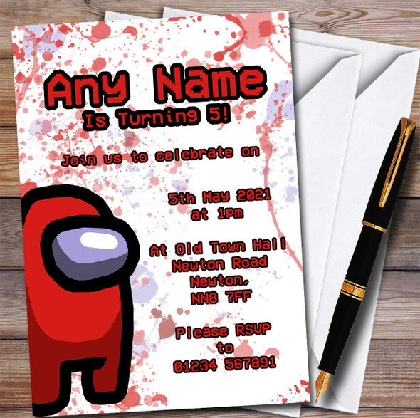 Among Us Red Splatter Art Children's Personalised Birthday Party Invitations