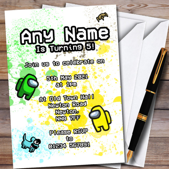 Among Us Yellow Green & Pets Splatter Art Children's Birthday Party Invitations