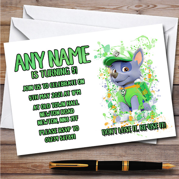 Paw Patrol Rocky Splatter Art Children's Personalised Birthday Party Invitations