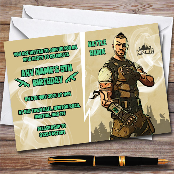 Battle Hawk Gaming Comic Style Fortnite Skin Birthday Party Invitations