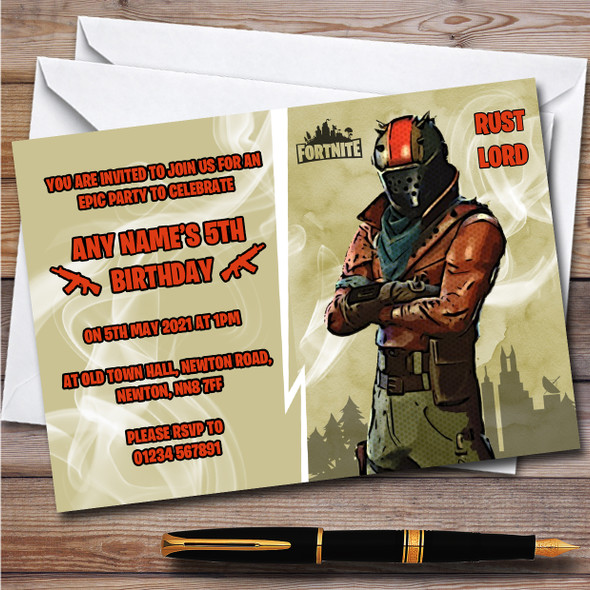 Rust Lord Gaming Comic Style Fortnite Skin Children's Birthday Party Invitations