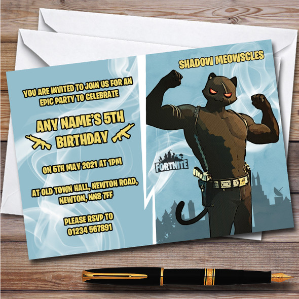 Shadow Meowscles Gaming Comic Style Fortnite Skin Birthday Party Invitations